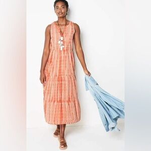 J. Jill Embroidered Cotton Dress Tiered Maxi Orange Sleeveless Split Neck Sz S